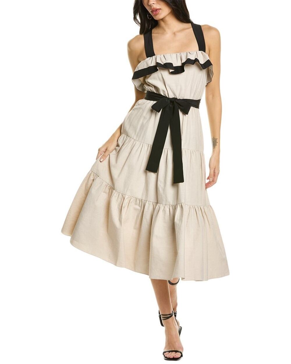 NWT Jason Wu Women's Beige Linen Ruffled Self-Tie A-Line Dress Size 12